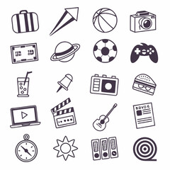 Collection of hand drawn doodle icons travel vacation fun