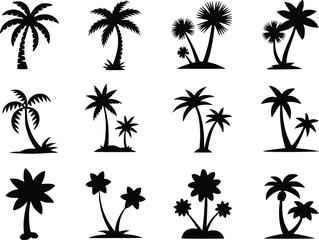 Palm Tree Black Icons Silhouette Vectors Different Style Tropical Island Graphics
