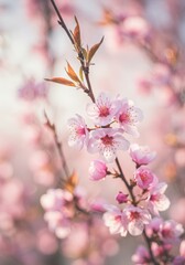 Obraz premium Delicate Pink Blossom Branch - Soft pink blossoms symbolize spring, renewal, beauty, tranquility, and fleeting moments. A gentle breeze softly moves the petals