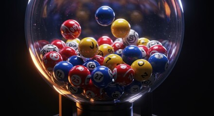 Close-up shot of a lottery machine with numbered balls inside a glass dome
