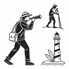 Explorer with telescope, lighthouse, and coastal scene illustration
