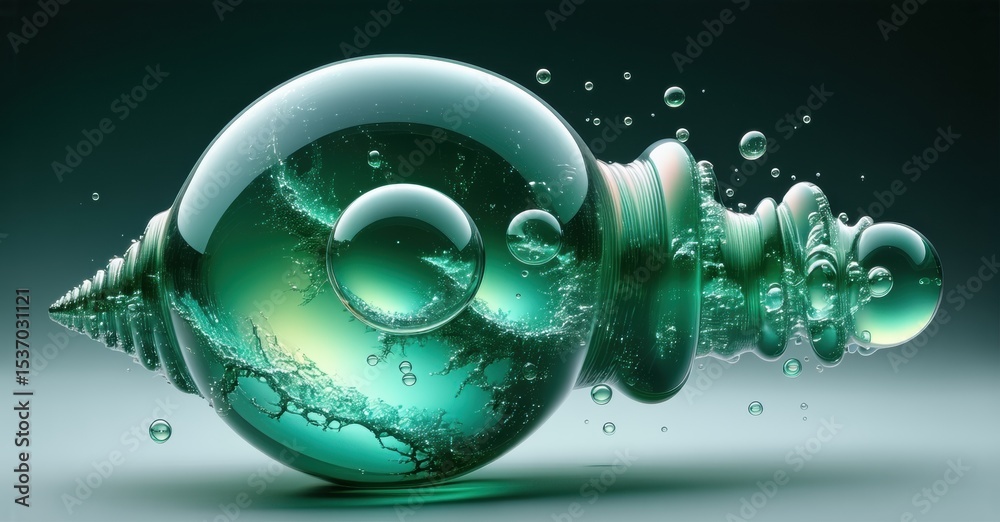 Poster Abstract glass sculpture. Turquoise liquid swirls within bulbous form, creating dynamic visual effect. Smooth textures, reflections present.