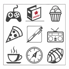 Nine simple icons representing hobbies leisure activities