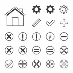 Simple ui icons set home gear check plus minus equals warning symbols