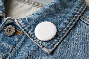 Blank button pin badge mockup, A close-up of a blank button pin displayed on the lapel of a denim jacket, ideal for customization or promotional use.