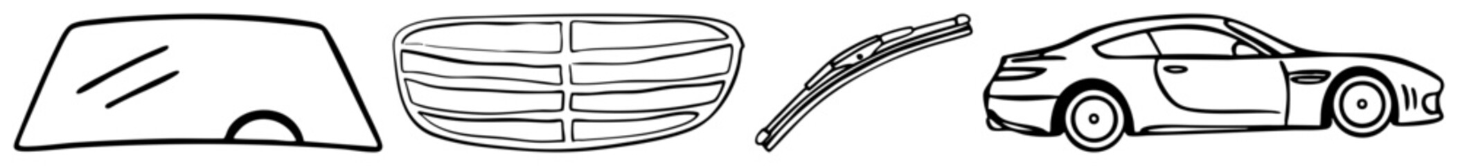 Vector Automotive components featuring windshield body panel wiper and vehicle side view.