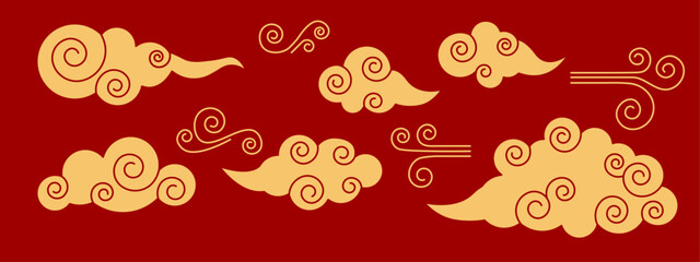 Collection of red and gold clouds and wind curly shape in asian traditional style. Chinese new year vector design element on isolated background.
