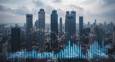 Concepto de bienes raíces, desarrollo e inversión con indicadores de gráficos financieros y gráficos en el mercado de valores en los rascacielos de la ciudad superior Vista inferior, doble exposición