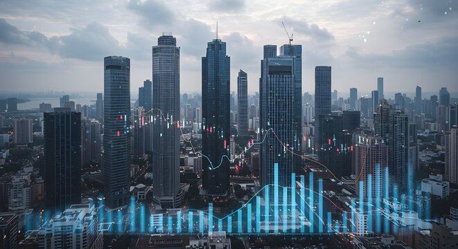 Concepto de bienes ra&iacute;ces, desarrollo e inversi&oacute;n con indicadores de gr&aacute;ficos financieros y gr&aacute;ficos en el mercado de valores en los rascacielos de la ciudad superior Vista inferior, doble exposici&oacute;n