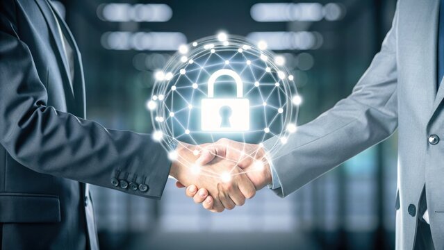 Two business professionals shaking hands with a digital security lock overlay, symbolizing secure partnership and data protection.