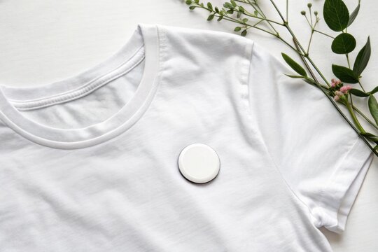 Blank button pin badge mockup, A plain white shirt with a round pin attached to the chest area, showcasing a blank space for customization or branding purposes.
