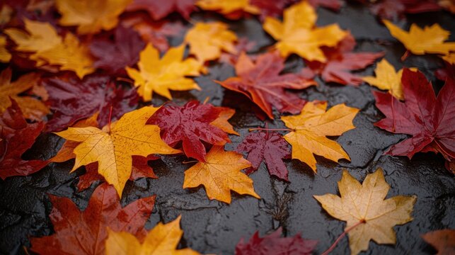 Falling autumn leaves outdoor park nature scene wet ground close-up view seasonal change