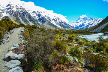 Beautiful view and glacier in Mount Cook National Park, South Island, New Zealand