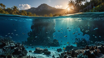 Crystal Lagoon at Sunrise, Misty Jungle Cliffs & Glowing Coral Reef V8