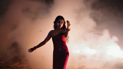 A mysterious female performing slow ritual dance lunar flower body moonlight swirling mist glowing paint reacts UV-like light handheld petals flutter slow motion dreamlike lighting inspired by candle - Powered by Adobe