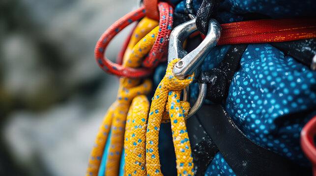 Close-up of belay device and climbing rope setup