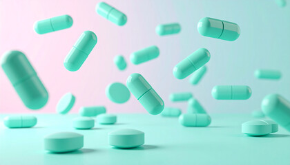 mint green pills falling and floating