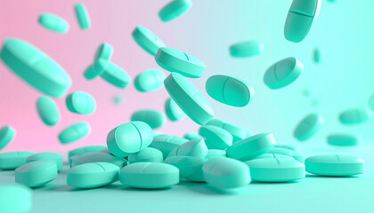 mint green pills falling and floating