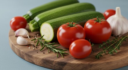 Fresh Zucchini, Tomatoes, and Garlic on Wooden Board - Vibrant summer vegetables—zucchini, tomatoes, garlic, and herbs—arranged on a rustic wooden board, symbolizing freshness, health, cooking, and
