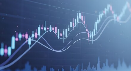 Gráfico de precios técnicos e indicador, gráfico de velas rojo y verde en la pantalla del tema azul, volatilidad del mercado, tendencia ascendente.