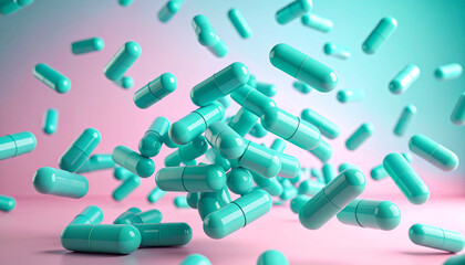 mint green pills falling and floating