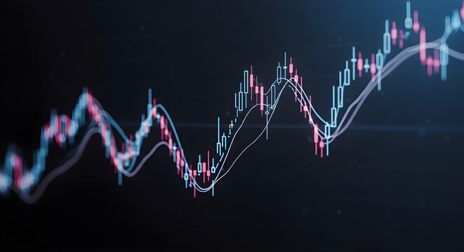 Gr&aacute;fico de precios t&eacute;cnicos e indicador, gr&aacute;fico de velas rojo y verde en la pantalla del tema azul, volatilidad del mercado, tendencia ascendente.