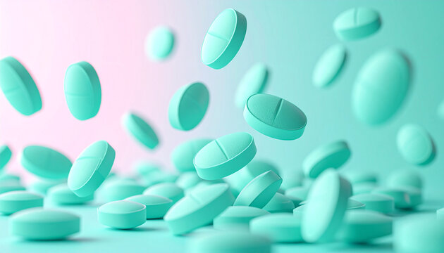 mint green pills falling and floating