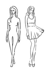 Vector Elegant female figures with minimalist lines and flowing dress.