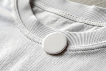 Blank button pin badge mockup, A close-up image of a blank round pin placed on a cotton t-shirt fabric, ideal for showcasing apparel or custom design options.