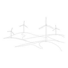 Wind turbines on rolling hills isolated on white background