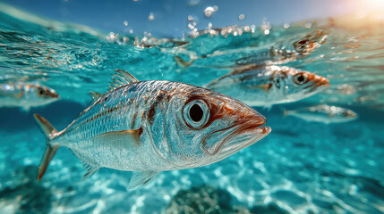 Fototapeta premium Underwater fish clear blue water sunlight realistic marine life aquatic scene ocean swimming vibrant tropical nature detailed closeup sea wildlife freshness tranquility natural habitat summer