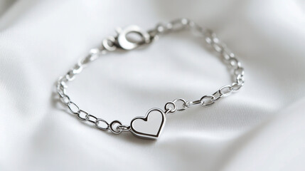 Elegant silver chain bracelet with a delicate heart charm on a white background