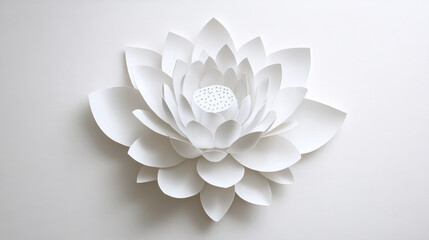 Elegant white lotus flower on a pristine white background with a balanced, symmetrical design and delicate details