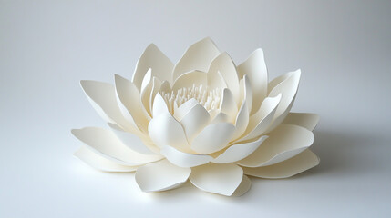 Elegant white lotus flower on a pristine white background with a balanced, symmetrical design and delicate details
