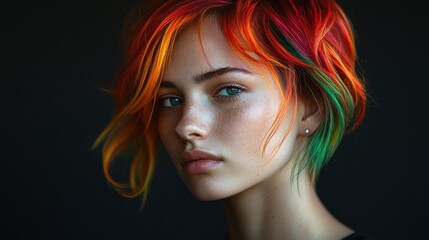 Fototapeta premium Vibrant hair color transformation studio setting portrait photography artistic environment close-up view creative expression
