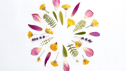 Pressed Flowers in Radial Composition on White Background – Botanical Flat Lay Art (Generative AI)