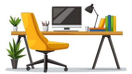 Clipart of a vibrant home office space with a large wooden desk a comfortable ergonomic chair a stack of colorful books and a quirky desk lamp inspiring and productive atmosphere