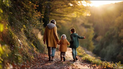 A mother and her two children enjoy a peaceful walk along a mountain trail during autumn. The sun sets in the background, casting a warm golden light as they hold hands and explore nature together.