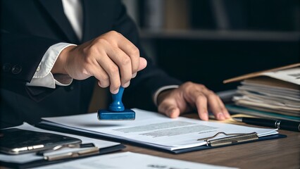 A corporate worker applying a stamp to an official document in the office, showcasing the business process of document approval and paperwork handling