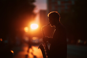 Street Saxophonist Playing Saxophone at Sunset