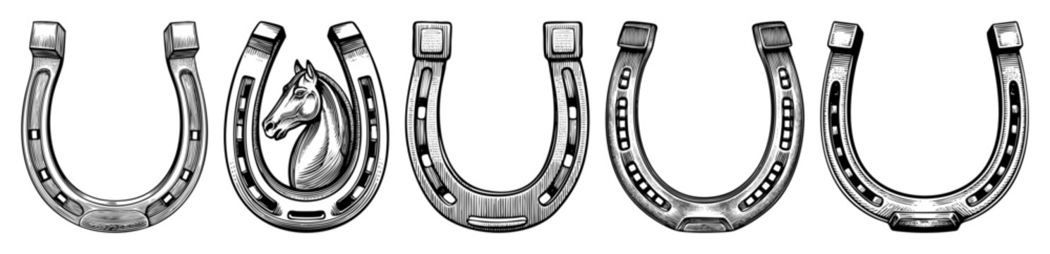 Vector Collection of detailed horseshoe illustrations with varying designs.