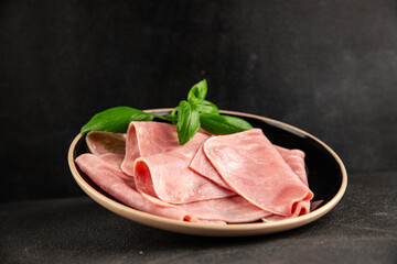 Ham slices meat spam pork fresh delicious gourmet food background on the table rustic food top view copy space