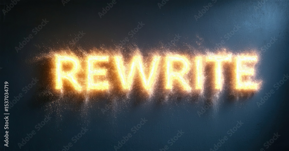 Poster fiery text spells rewrite. bright yellow glows against dark blue background. sparks radiate from let