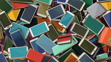 A pile of colorful smartphones and credit cards, representing the era's high-tech environment.