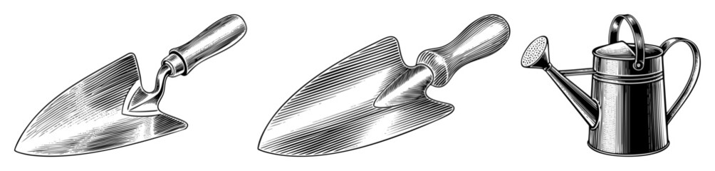 Vector Vintage gardening tools including trowels and a watering can are depicted in a detailed engraving style.