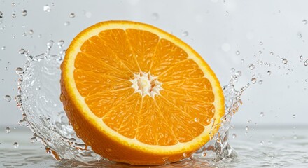 Juicy Orange Splash - Half an orange splashing into water, creating a vibrant and refreshing . Perfect for healthy lifestyle or beverage advertising
