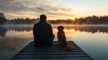 Sunset reflection man and dog at lake dock serene nature scene tranquil environment peaceful viewpoint