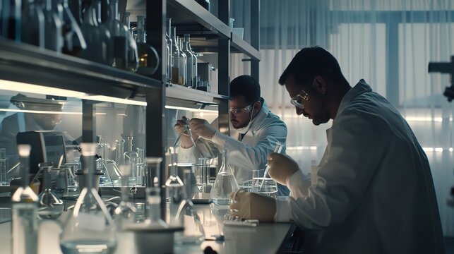 background image  of two men in lab coats working on glass beakers,their focus is on data collection using modern technology.