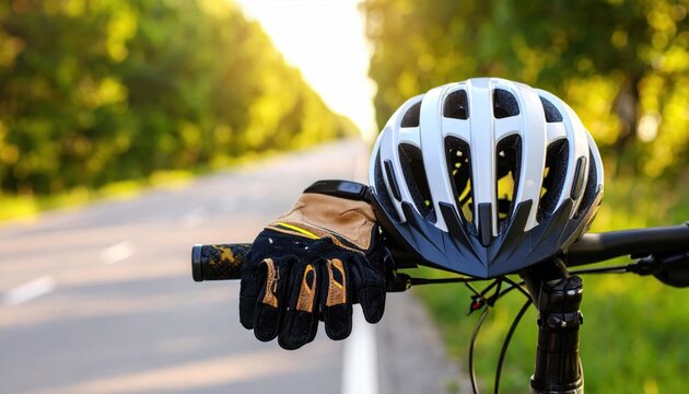 Bicycle helmet and glove resting on handlebars beside a scenic road with greenery