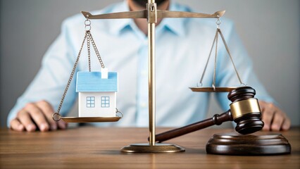 A scale balancing a house model and a gavel, symbolizing real estate law and property justice, with a person in the background.